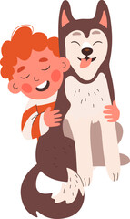Happy cartoon boy cuddle husky puppy flat icon