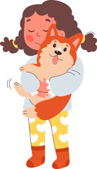 Happy cartoon girl cuddle corgi puppy flat icon