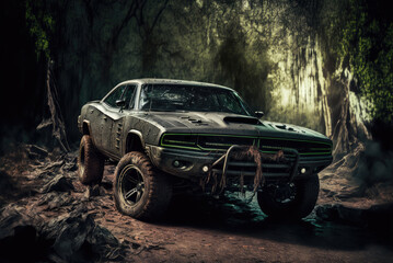 Front right view of a 1970s custom retro american muscle car on muddy offroad terrain with copy space, generative ai, 