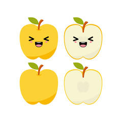 Laughing apple with kawaii emoji. Flat design vector illustration of yellow apple on white background