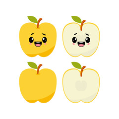 Happy apple with kawaii emoji. Flat design vector illustration of yellow apple on white background