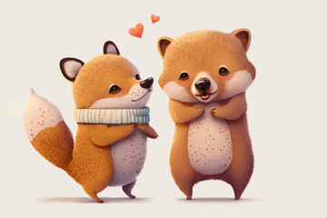 Valentine's Day Illustration of Cute Watercolor Animals in Love - Generative Ai