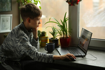 Portrait of a boy working with a laptop near the window