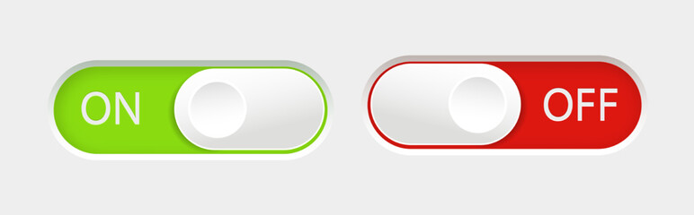 On and Off slider buttons. Red and green switch interface buttons. Vector