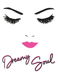 Women face, lipstick and eyelashes, shirt print design. 