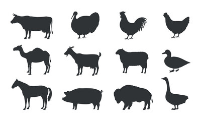Farm Animals Silhouettes. Pig, Chicken, Cow, Lamb, goat. Farm Animals icons isolated on white background. Vector livestock icons. 