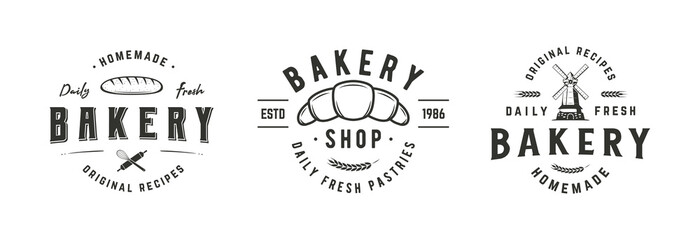 Bakery, Pastry logo set. 3 bakery emblems with Croissant, Windmill and Bread icons. Bakery, Cafe and Restaurant emblems templates. Vector illustration