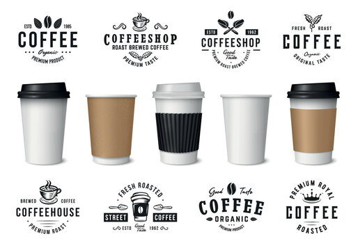 Vintage logo templates and 6 design elements for coffee business. Coffee paper mug, cup mockups. Coffee cup for takeaway. Cafe, Restaurant, Coffee Shop emblems templates. Vector illustration