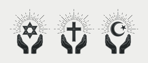 Vintage Religion logos. Hands with Latin cross, Crescent Moon and Star, Star of David. Christianity, Judaism, Islam logo. Prayer concept. Vector illustration.
