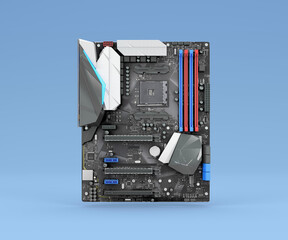 Electronics components on modern PC computer mainboard 3d render on blue