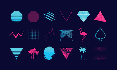 Set of 18 Retro 80s design elements. Retro neon symbols. Design elements for t-shirt, banner, poster, cover, badge, logo and label.  Print for t-shirt. Vector illustration