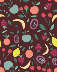 Seamless pattern with tropical fruits. Colorful textile design.
