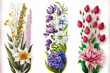 Obraz premium Set of flowers, plants and leaves on white isolated background, Generative AI