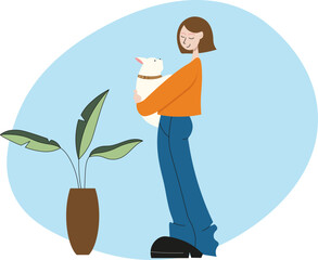 Flat illustration. The girl is holding a dog in her arms.