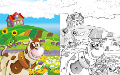 cartoon scene with cow having fun on the farm on white background - illustration for children