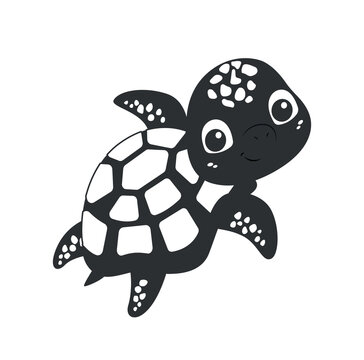 Turtle black silhouette. Minimalistic creativity and art. Design element for invitation postcard. Representative of underwater world. Tropic and exotic, summer. Cartoon flat vector illustration