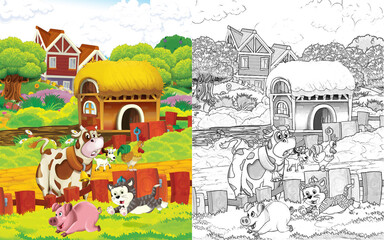 Obraz premium cartoon scene with cow having fun on the farm on white background - illustration for children