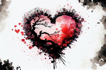 Heart shaped artwork in japanese sumi-e style, watercolor white background