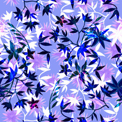 Fototapeta premium Blue and purple flowers seamless pattern
