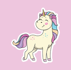 Cute unicorn sticker. Graphic element for website, design element for greeting card. Fictional character, imagination and fairy tale. Pony with rainbow mane and tail. Cartoon flat vector illustration