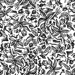 Black and white art deco graphic flowers seamless pattern