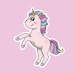 Cute unicorn sticker. Charming and adorable character, toy or mascot for children. Poster or banner for website. Pony and animal with horn, rainbow mane and tail. Cartoon flat vector illustration