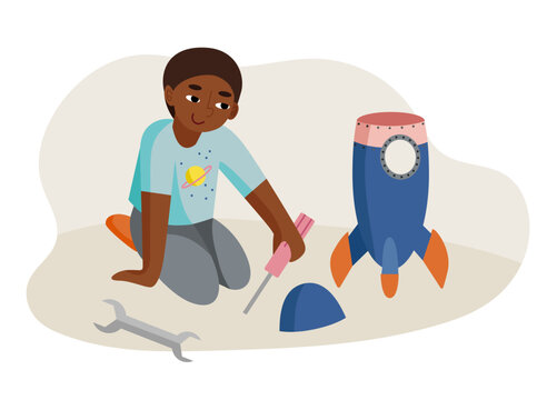 Vector illustration, smart black boy building a rocket, robotic and science club