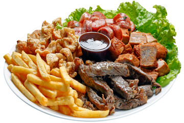 Snacks with fries, crackers, meat, pork, sausage and babercue sauce