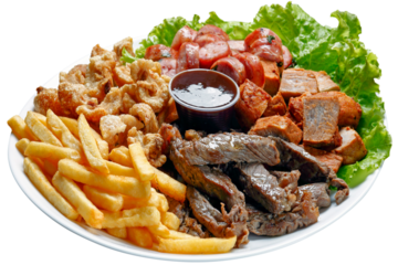 Snacks with fries, crackers, meat, pork, sausage and babercue sauce