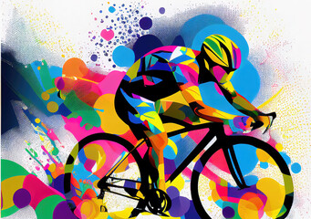 a cyclist in a lot of splash colors, exploding artwork, generative ai technology