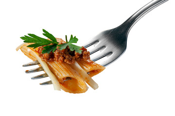 penne bolognese with parmesan cheese on a fork