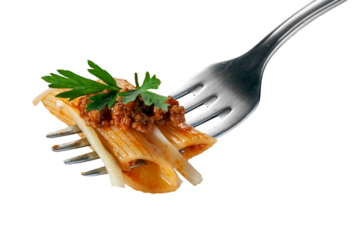 penne bolognese with parmesan cheese on a fork