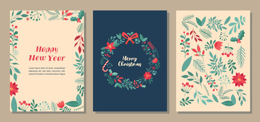 Christmas patterns cards set. Collection of graphic elements for website. Winter holiday and festival, culture and traditions, New Year. Cartoon flat vector illustrations isolated on beige background