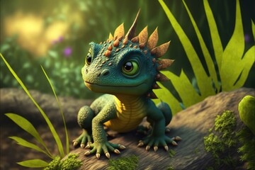 a cute adorable baby dragon lizard 3D Illustation stands in nature in the style of children-friendly cartoon animation fantasy style	