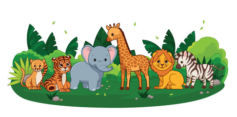 Obraz na płótnie Canvas Jungle with animals banner. Tiger, cheetah, giraffe, elephant, lion and zebra sit on lawn. Tropic and exotic, African savannah. Cartoon flat vector illustrations isolated on white background