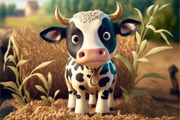 a cute adorable baby cow generative ai  rendered in the style of children-friendly cartoon animation fantasy style	