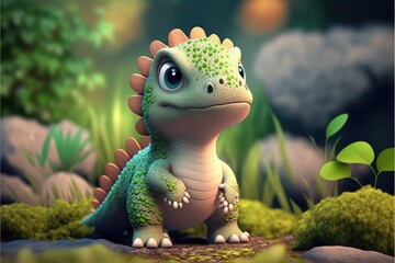 a cute adorable baby dinosaur generative ai  rendered in the style of children-friendly cartoon animation fantasy style	