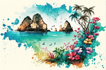 Fototapeta na wymiar a watercolor beach scene illustration with a modern touch, colorful flowers, generative ai technology