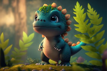 a cute adorable baby dinosaur generative ai  rendered in the style of children-friendly cartoon animation fantasy style	 - obrazy, fototapety, plakaty