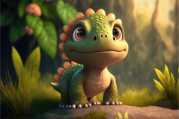 a cute adorable baby dinosaur generative ai  rendered in the style of children-friendly cartoon animation fantasy style	
