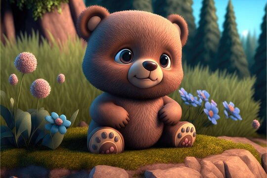 a cute adorable baby bear generative ai  rendered in the style of children-friendly cartoon animation fantasy style	