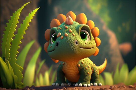 a cute adorable baby dinosaur generative ai rendered in the style of children-friendly cartoon animation fantasy style © Ecleposs