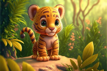 a cute adorable baby tiger generative ai  rendered in the style of children-friendly cartoon animation fantasy style	