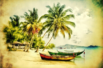 Fototapeta na wymiar a beach with some tropical boats in front of it, watercolor medieval style, generative ai technology