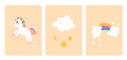Unicorns banners set. Collection of graphic elements for site. Romance, love and tenderness. Dream and fantasy, fairy tale and magic. Cartoon flat vector illustrations isolated on white background