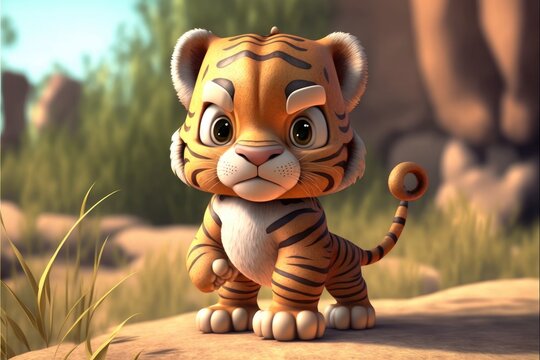 a cute adorable baby tiger generative ai  rendered in the style of children-friendly cartoon animation fantasy style	