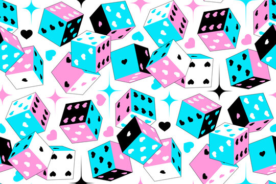Valentine's day gaming dice seamless pattern in trendy y2k neon retro design. Vector background in 90s, 00s aesthetic