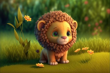 a cute adorable baby lion generative ai  rendered in the style of children-friendly cartoon animation fantasy style	