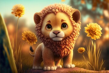 a cute adorable baby lion generative ai  rendered in the style of children-friendly cartoon animation fantasy style	