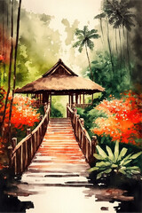 Obraz premium an orange inspired beach scene illustration with a long path, generative ai technology